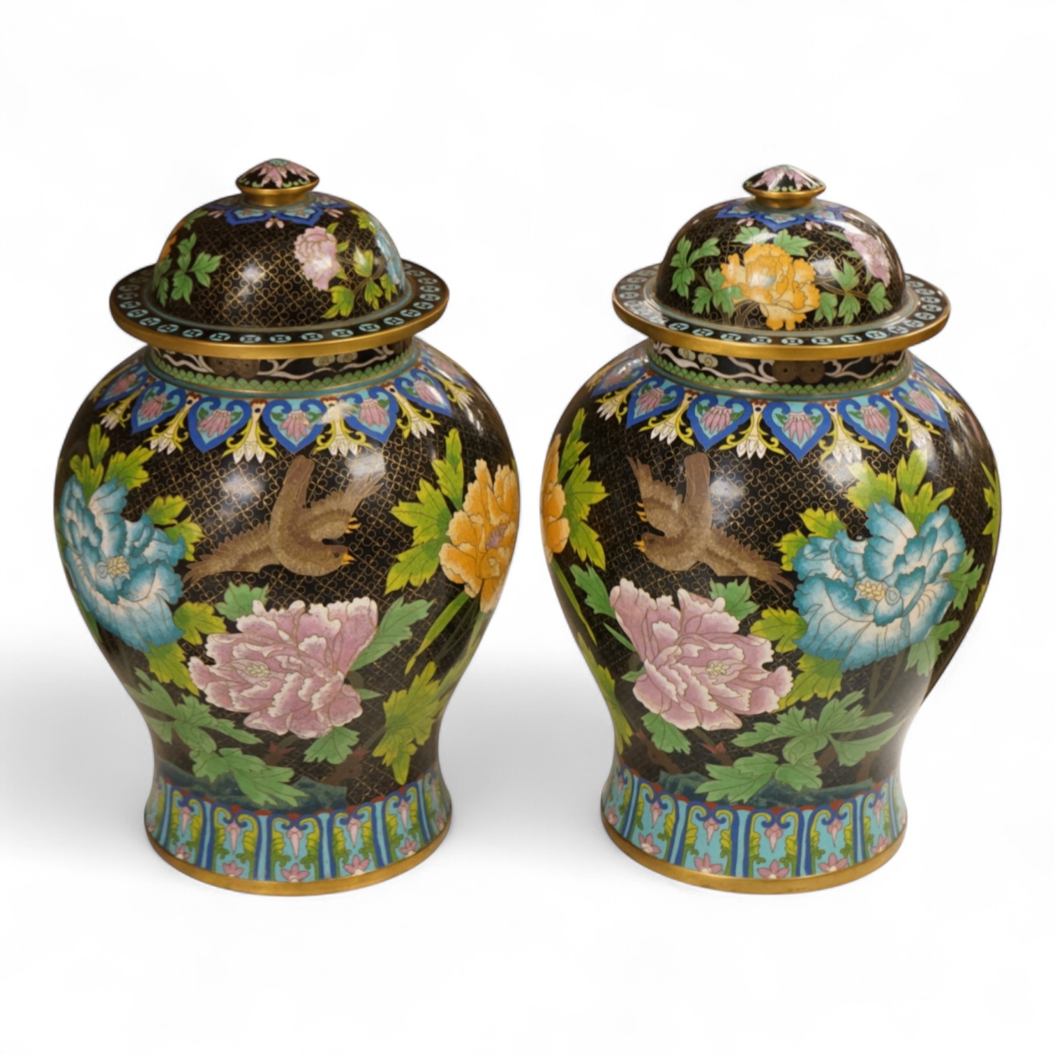 A pair of Chinese cloisonné baluster jars and covers decorated with birds and flowers, 38cm high